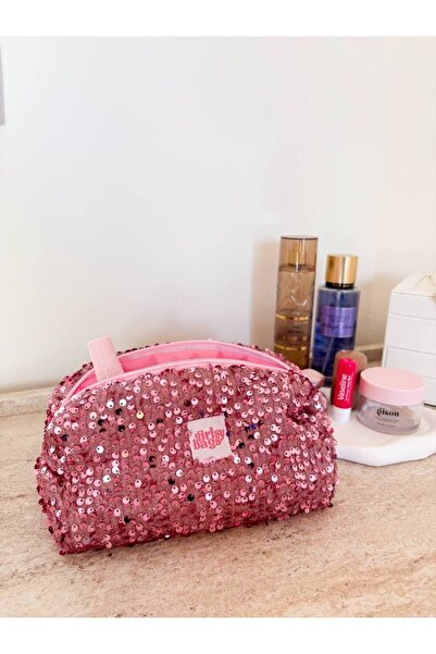 girlsybags حقيبة مكياج مطرزة بالترتر باللون الوردي، حقيبة كبيرة الحجم مزودة ب...