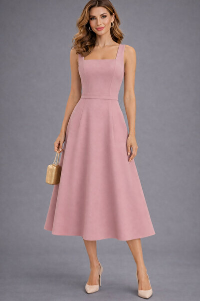 Şayse Design Kadın Elbise/Midi Boy Elbise/Abiye Elbise/Kare Yaka Elbise