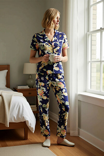 BENERLY Women's Shirt Collar Short Sleeve Pajama Set Floral Regular Fit Funct...