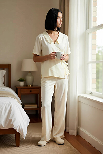 BENERLY Γυναικείο σετ πιτζάμες με κοντό μανίκι με διπλό γιακά, υφαντό Shally,...