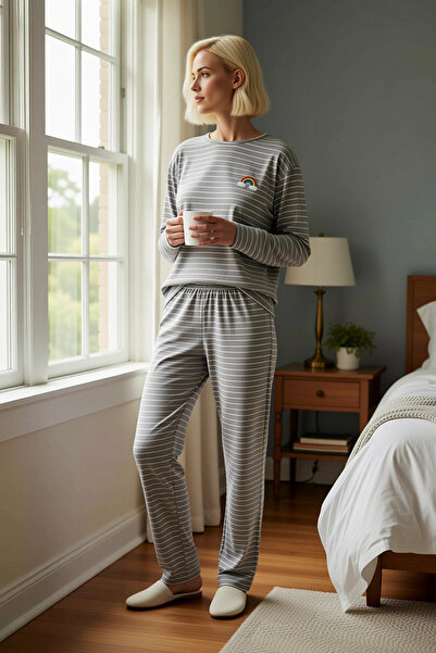 BENERLY Γυναικείο Σετ Πιτζάμες με Μακρύ Μανίκι και Λαιμόκοψη Πλεκτό Ριγέ Κανο...