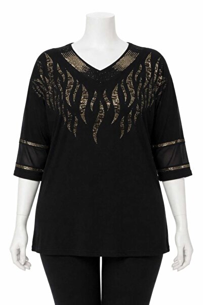 SOSA Plus Size Bronze Stone Embroidered Luxury Mother Combed Cotton 3/4 Sleeve