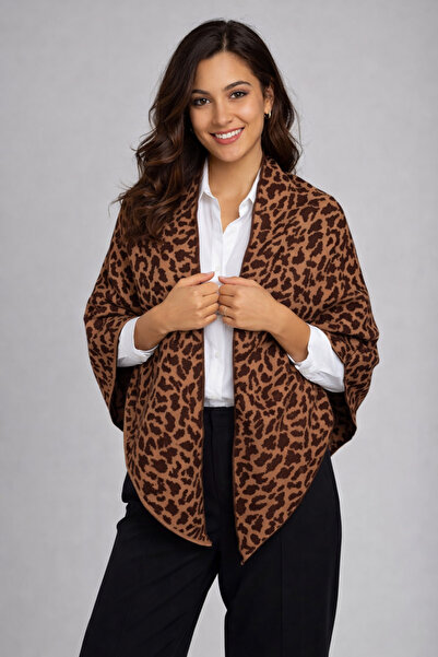 Sebir Moda Leopard Patterned Knitwear Triangle Shawl