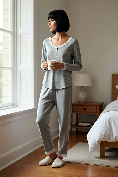 BENERLY Set de pijamale pentru femei, cu decolteu în V, mâneci lungi, cu dant...