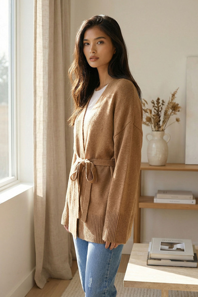 bacc Women's Milk Coffee Belted Long Knit Cardigan Bchpk-251237