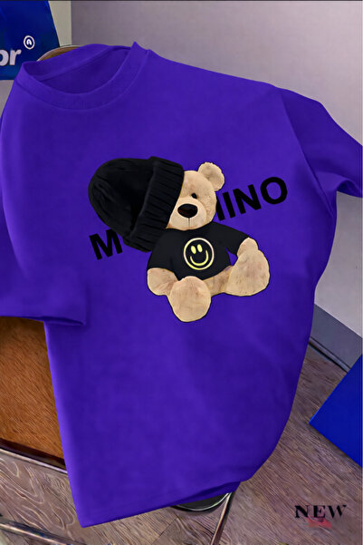 New Shine Black and White Teddy Bear Printed Oversized T-Shirt