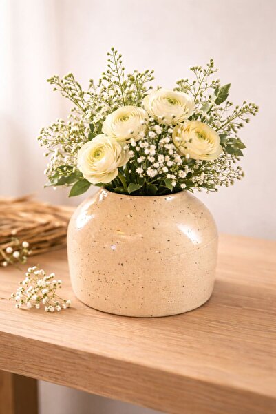 june El Yapımı Görünümlü Seramik Vazo | Bej Renk Modern Model 8cm