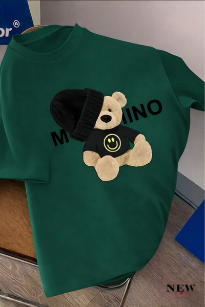 New Shine Black and White Teddy Bear Printed Oversized T-Shirt