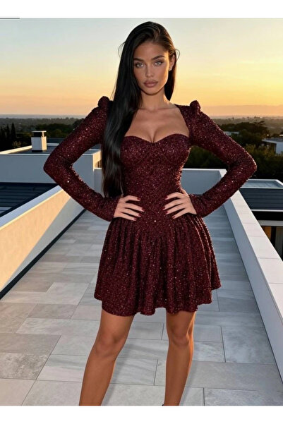 nedo7 Women's Long Sleeve Pear Collar Sequin Embroidered Mini Evening Dress