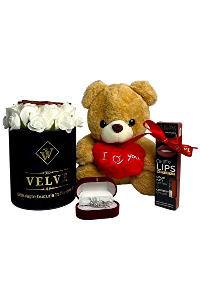 velve Pachet Special Valentine,ursulet plus 25 cm, aranjament 9 trandafiri de...