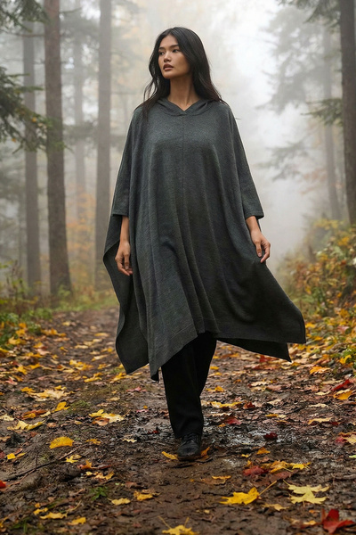 bacc Poncho tricotat pentru femei kaki cu glugă cu fantă BCHPK-251245