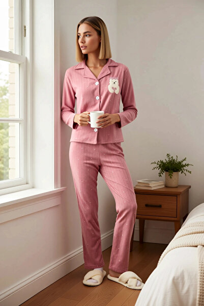 BENERLY Women Shirt Collar Standard Sleeve Regular Fit Fleece Pajama Set Func...