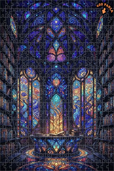 Teona Ahşap لغز خشبي مؤطر بطبقتين بتصميم مكتبة سحرية وفن الزجاج الملون 400 قط...