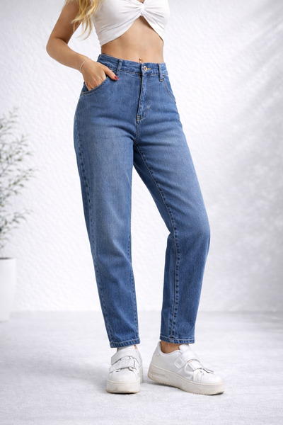 Lighter Jeans Kadın Yüksek Bel Orta Mavi Jean Pantolon Yan Cepli Rahat Kesim