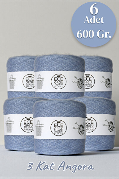 Ece Örgü Tasarım Atölyesi Çelik mavisi, 3 katlı angora örgü ipi (600 gr.)