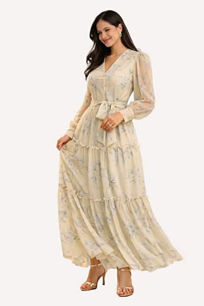 Stylish فستان ستايلش شيفون انيق مورد باللون الليموني