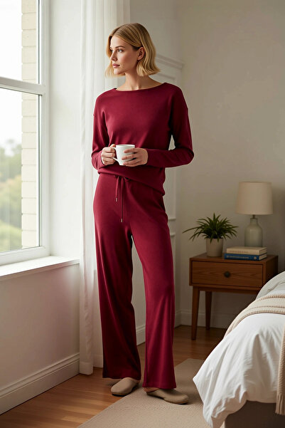 BENERLY Women's Crew Neck Low Sleeve Relaxed Fit Knitted Pajama Set Functiona...