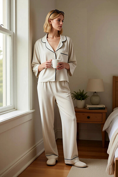 BENERLY Women's Shirt Collar Three Quarter Sleeve Regular Fit Woven Pajama Se...