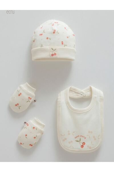 Caramell İncibaby 100% Cotton Sweet Cherry Baby Girl Set of 3 (Hat, Bib, Glov...