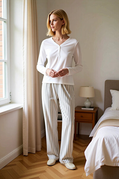 BENERLY Γυναικείο σετ πιτζάμες με λαιμόκοψη V και κανονικό μανίκι, πλεκτό υφα...