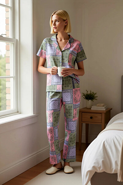 BENERLY Set de pijamale pentru femei, mărime mare, cu imprimeu etnic, cu gule...