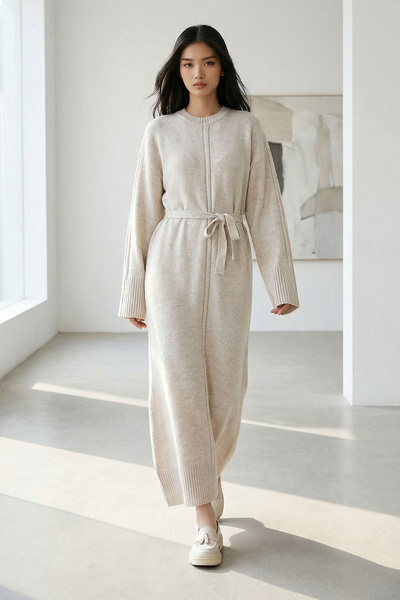 bacc Women's Ecru Crew Neck Belted Long Knit Dress Bchpk-251242