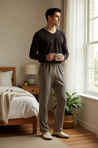 BENERLY Men's V-Neck Long Sleeve Regular Fit Striped Pajama Set Functional Du...