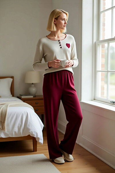 BENERLY Set de pijamale din fleece pentru femei, cu gât crew, mâneci lungi, c...