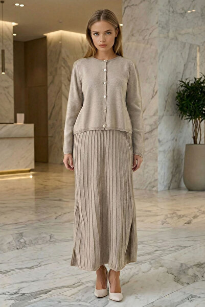 bacc Cardigan cu guler rotund nasturi și fustă midi plisată pentru femei, bej...