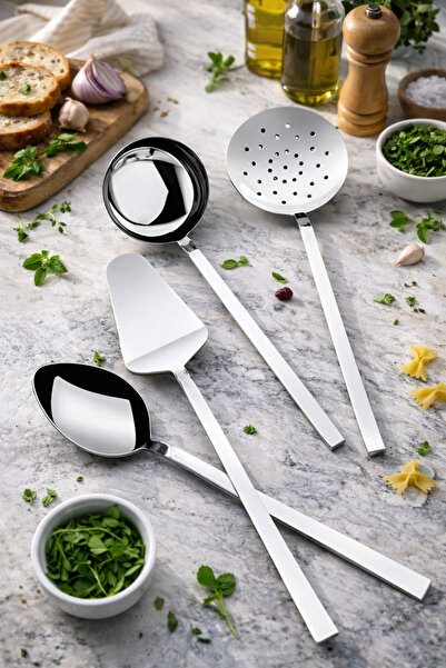 Homerest 4'lü Paslanmaz Çelik Kepçe Set, Kepçe Kevgir Spatula Kaşık, Çelik Se...