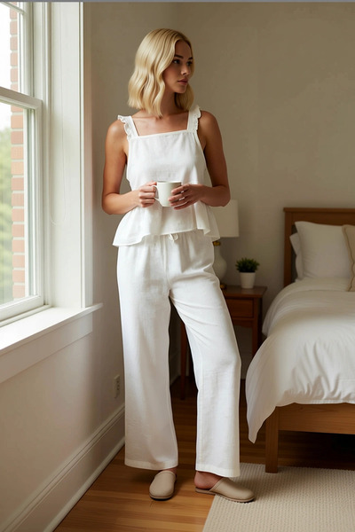 BENERLY Women's Muslin Woven Square Neck Sleeveless Ruffled Pajama Set Regula...