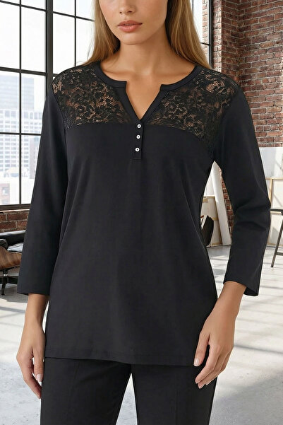 bacc Women's Black Lace Paneled Button Detailed V-Neck Blouse Bchpk-251248