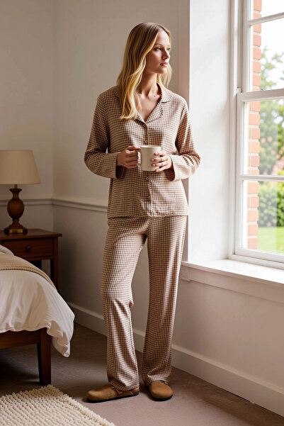 BENERLY Women's Shirt Collar Long Sleeve Regular Fit Woven Shally Plaid Check...