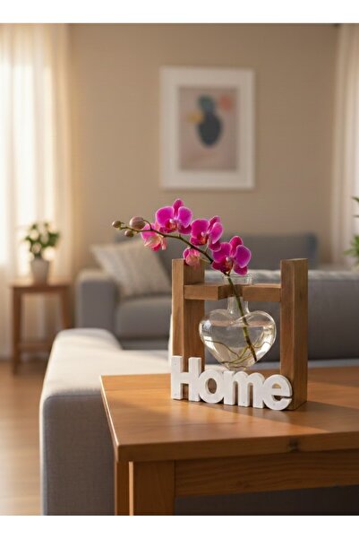 EVİMDM Ahşap Standlı Kalp Cam Vazo – Home Yazılı Dekoratif Masa & Pencere Süsü
