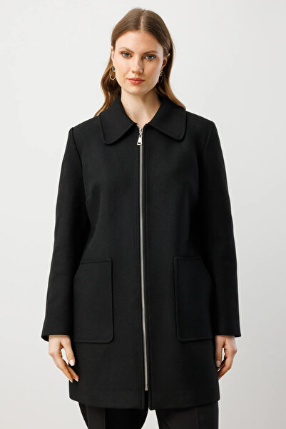 Ekol Large Size Cashmere Coat with Side Pockets 6307