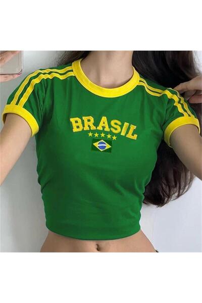 harmony factory Green Vintage Yellow Stripe Brasil Short Sleeve Crop