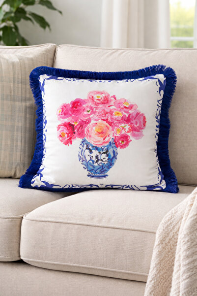 PELİNDEN Blue Blanc Vazo Desen , Saks Saçaklı Kırlent Kılıfı 43x43 cm