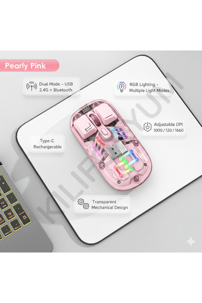 Kılıforyum Şarjlı Kablosuz Mouse RGB Işıklı Şeffaf Bluetooth + USB Telefon Ta...