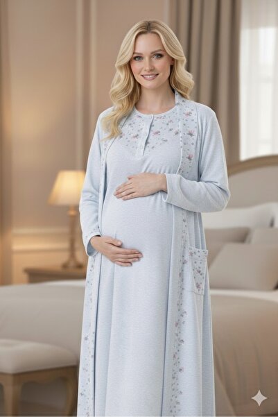 Pelin Kadın Çiçekli Büyük Beden Lohusa Hamile Gecelik Sabahlık Takım Seti