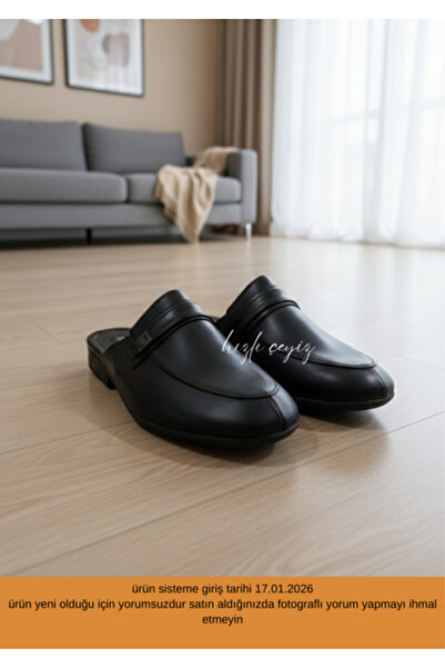 Hızlı Çeyiz Siyah Deri Görünümlü Erkek Önü Kapalı Terlik Günlük Ev Misafir Çe...