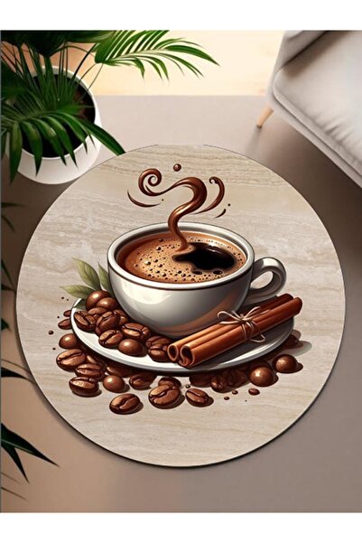 PRINTOPIA Kahve Temalı Yuvarlak Kaymaz Taban Makinede Yıkanabilir Dekoratif M...
