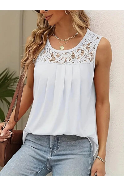 nedo7 Women's Strappy Round Neck Lace Detailed Viscose Blouse