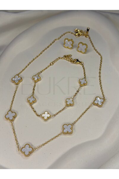 stainles steel Paslanmaz Çelik Gold Beyaz Sedefli 3’lü Set Yonca Küpe Kolye v...