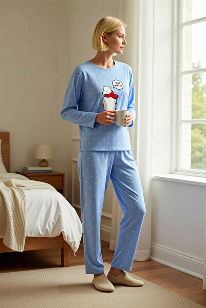 BENERLY Γυναικείο σετ πιτζάμες με λαιμόκοψη ποδηλάτου, κανονική εφαρμογή, πλε...