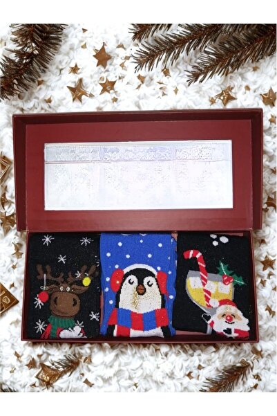 Chiristmas Socks Simli Yılbaşı Desenli Unisex Yetişkin Çorap 3'lü Hediye Seti