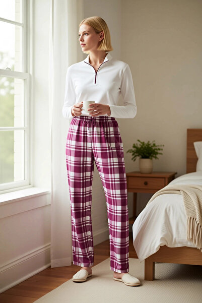 BENERLY Women's Mock Neck Low Arm Zippered Waffle Knitted Plaid Pattern Pajam...