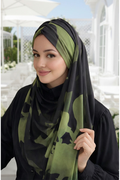 Aişe tesettür Haki Siyah Desenli Hazır Şal