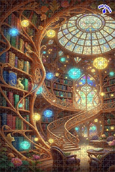 Teona Ahşap لغز خشبي مؤطر بطبقتين بمظهر لوحة زيتية لمكتبة سحرية 600 قطعة 50×35