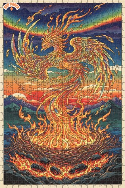 Teona Ahşap لغز خشبي مؤطر من طابقين على شكل طائر العنقاء يرتفع من اللهب 500 ق...