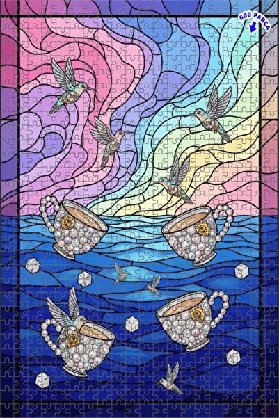 Teona Ahşap لغز خشبي فني من الزجاج الملون بتصميم الطيور السحرية وأكواب اللؤلؤ...